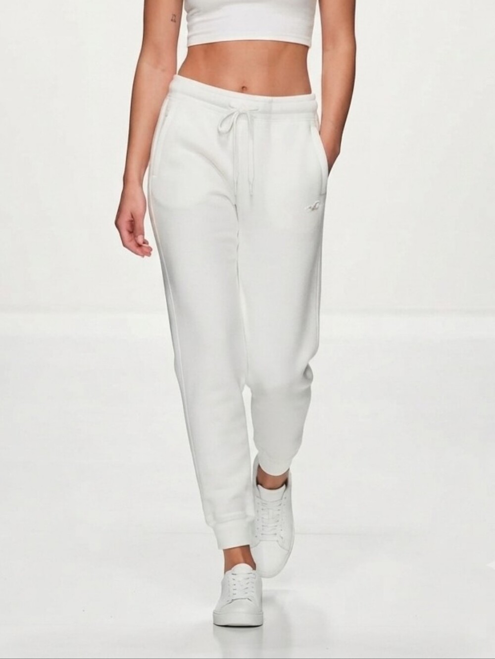 Hollister White Fleece Joggers Sweatpants Size Medium Tall MT Drawstring Pockets - Picture 12 of 12